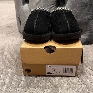 UGG Kids Black Suede Slippers with Patterned Trim